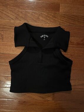 Year of Ours Black Ribbed Polo-Style Sports Bra